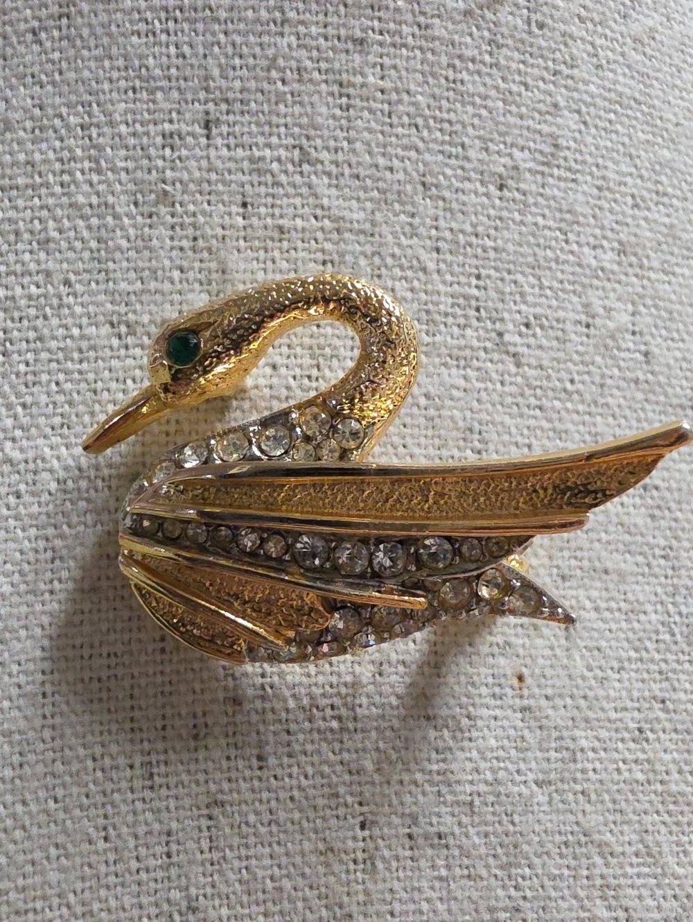 Vintage Gold-Tone Swan Brooch with Clear Rhinestones & Green Eye Accent